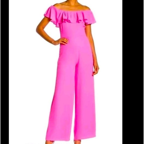 Betsey Johnson Pants - Betsey Johnson Pink Off-Shoulder Ruffle Jumpsuit